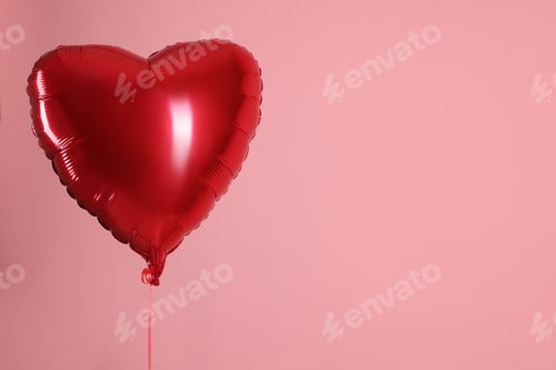 Preview: One red heart-shaped balloon on pink background, space for text. Happy Valentine's Day