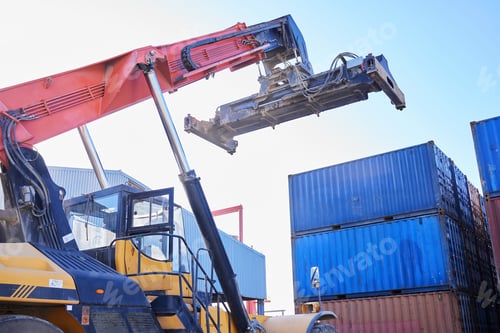 Vista previa: Crane, box container and delivery cargo shipping business company in manufacturing, shipping and di