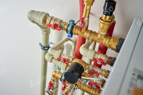 Preview: Heating system with brass fittings, pipes, and shut-off valves