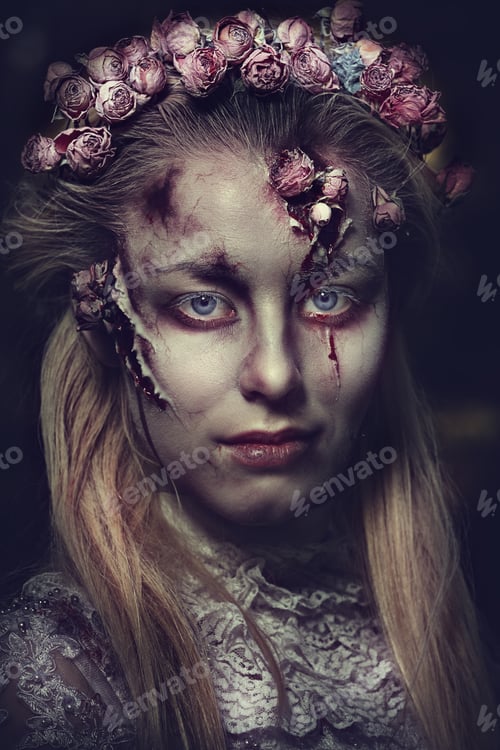 Preview: Dressed in wedding clothes romantic zombie woman.