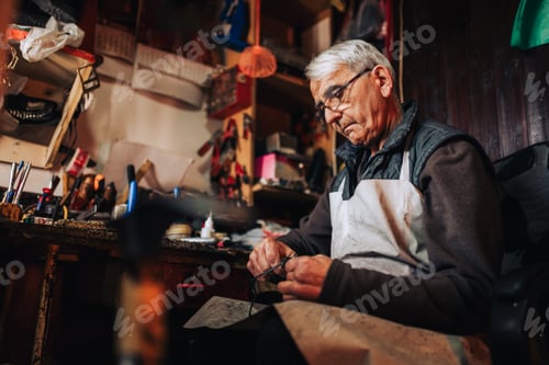 Preview: An old artisan cutting with scissors at his workshop.