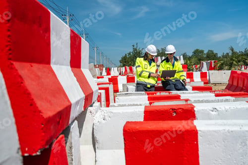 Preview: An engineer in visibility jacket and helmet working on construction site.