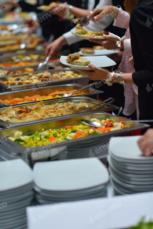 Preview: People Group Catering Buffet Food Indoor In Luxury Restaurant With Meat Colorful Fruits And