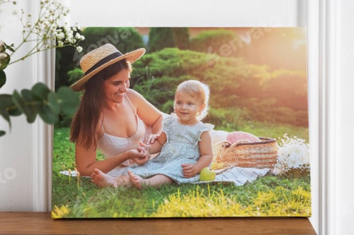 Preview: Canvas with printed photo of happy mother and her little daughter on wooden table indoors