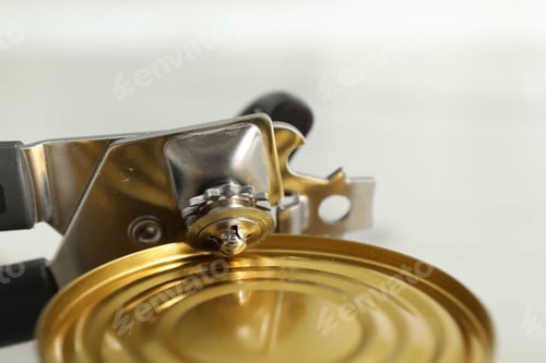 Preview: Can opener and tin on blurred background, closeup