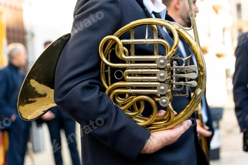Preview: Band musicians with their instruments on the street. Typical music bands in Spain.