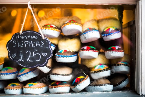 Preview: Slippers for sale in 'The Lanes' Market, Brighton and Hove, East Sussex, England, United Kingdom, Eu