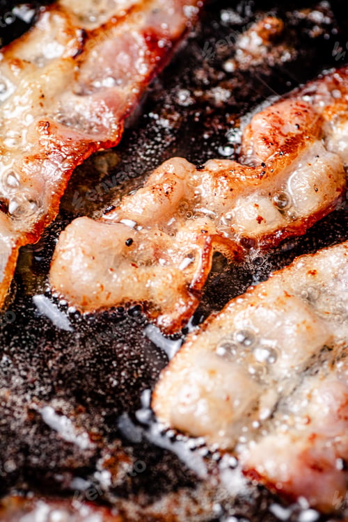 Preview: Pieces of bacon are fried in boiling oil with air bubbles.