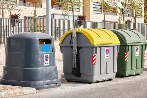 Preview: Containers for recycle paper plastic and organic. Waste segregation. Garbage