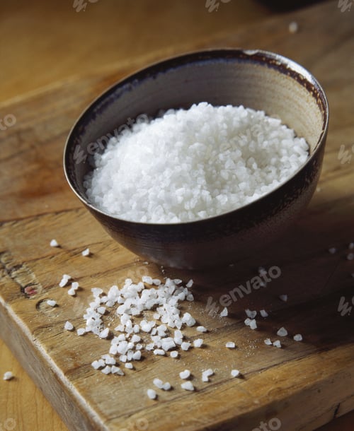Preview: Natural sea salt in bowl on wooden cutting board