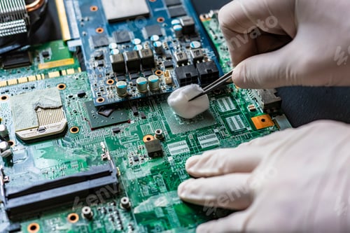 Preview: master repair the computer parts, cleaning the board using the cotton wool tampon f