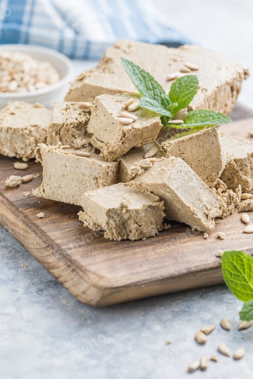 Preview: Sunflower halva close-up. Sweet oriental dessert halva. Sweets for tea.
