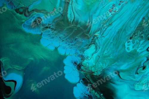 Preview: Fluid Art. Green and blue abstract wave swirls on black background. Marble effect background