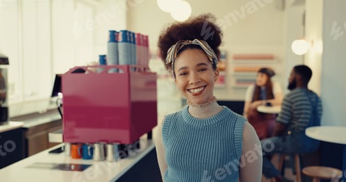 Preview: Happy, pride and portrait of woman in coffee shop with positive attitude for restaurant on holiday.