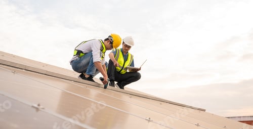 Preview: Engineer service check installation solar cell on the roof of factory.