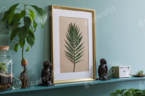 Preview: Interior design of living room with mock up photo frame on the green shelf.