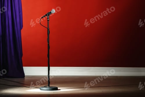Preview: Microphone on stage against color wall. Space for text