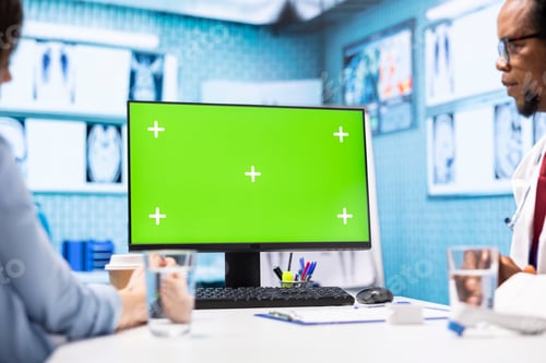 Preview: African american medical expert looking at copy space screen with a patient