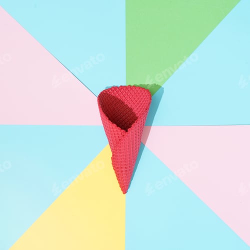 Preview: Abstract minimal background in pastel colors with red ice cream cone. Minimal summer flat lay