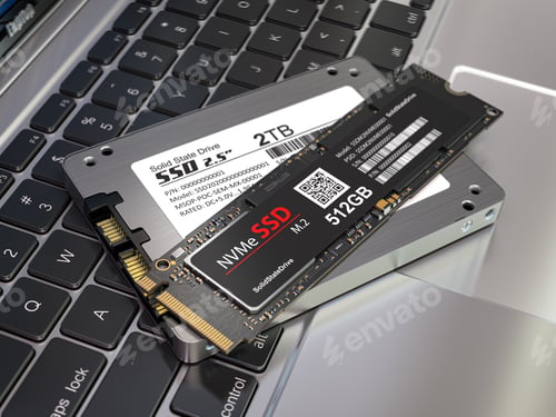 Preview: Different types of SSD disk drive isolated on laptop keyboard. Classic SSD and SSD m2.