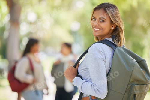 Preview: Education, scholarship or girl in university, college or back to school with a happy smile excited