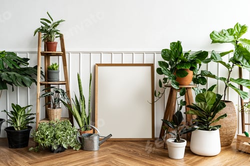 Preview: Blank picture frame by a houseplant corner on a parquet floor