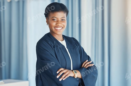 Preview: Lawyer, portrait and black woman in office with arms crossed in confidence for justice, law firm an