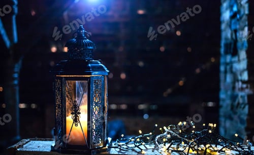 Preview: lamp and christmas lights in the dark