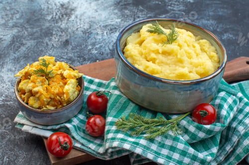 Preview: Front close view of mashed potatoes served with dill and delicious dish fresh tomatoes on green