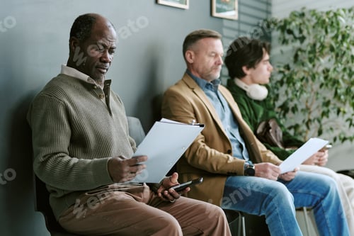 Preview: Middle Aged Black Man Waiting with Diverse People in Bank Branch Reception Area