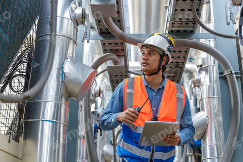 Preview: Male operator worker walkie talkie using laptop checking quality cooling air piping HVAC system