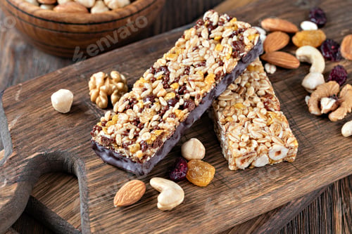 Preview: Granola bar on wooden background