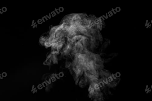 Preview: Curly white steam rising up and splashing water scattering in different directions isolated on black