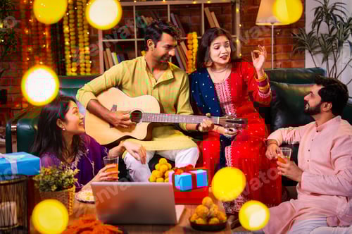 Preview: friends enjoy music on diwali, guitar, and laughter during Deepavali night at home
