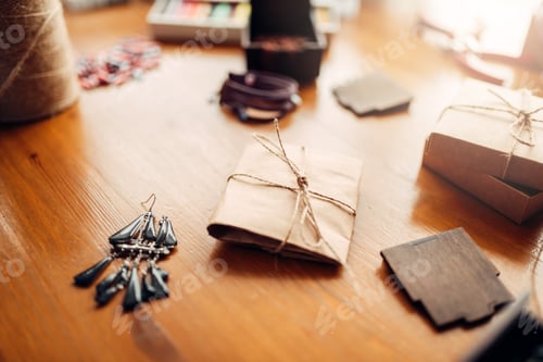 Preview: Gift box and handmade earrings on wooden table