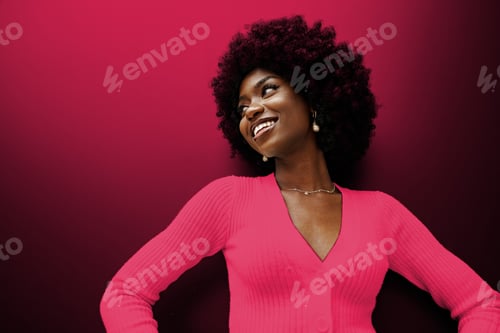 Preview: Happy African young woman with hair. Color of the year 2023, viva magenta.