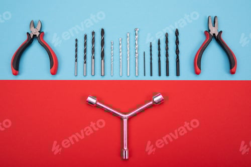 Preview: Different construction kit are hanging on background