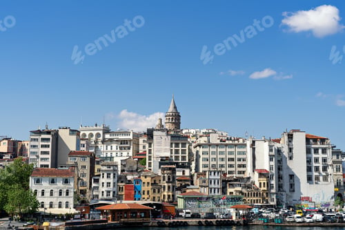 Preview: Panoramic view to Galata tower in Istanbul city scape with alld builsings around