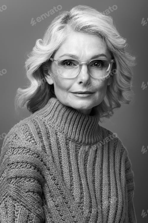 Preview: Black and white portrait of confident mature business woman wearing stylish eyeglasses in studio