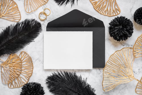 Preview: Blank card and envelope near black feathers and golden leaves with wedding rings top view