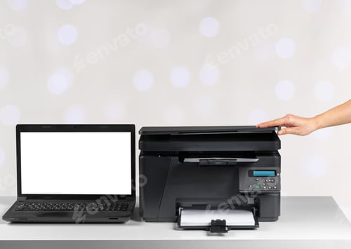 Preview: Printer and computer. Office table