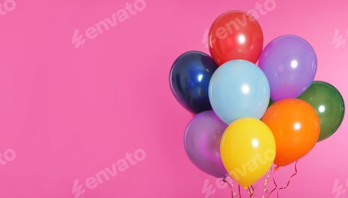 Preview: Bunch of bright balloons on color background. Space for text