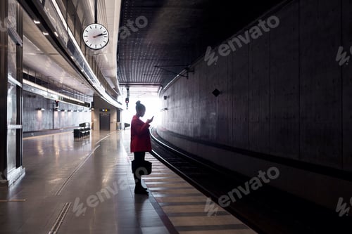Preview: Woman using phone while waiting for train at station