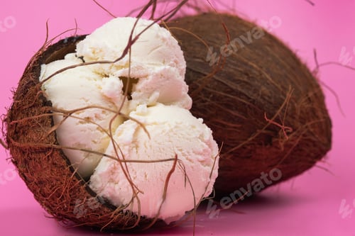 Preview: Vanilla ice cream balls in an empty coconut decorated with mint leaves on a pink background