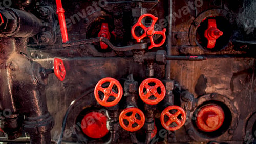 Preview: Toned photo of old rusty steam pipes and red valves on steam boiler of old locomotive