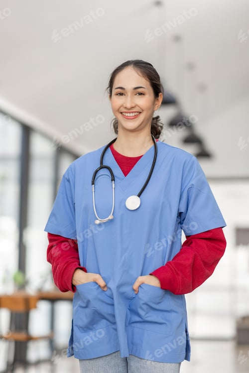 Preview: portrait of Cheerful Indian beautiful Asian female doctor posing and smiling at camera, healthcare