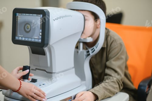 Preview: Ophthalmologist performing vision diagnostics on young patient using autorefractor