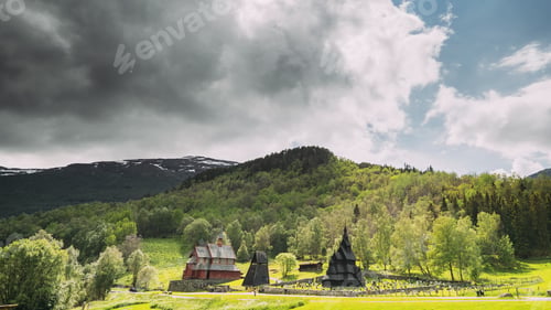Preview: Borgund, Norway. Famous Landmark Stavkirke An Old Wooden Triple Nave Stave Church In Summer Day
