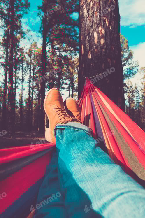 Preview: Legs and hammock relax leisure activity with forest woods and sky in background -