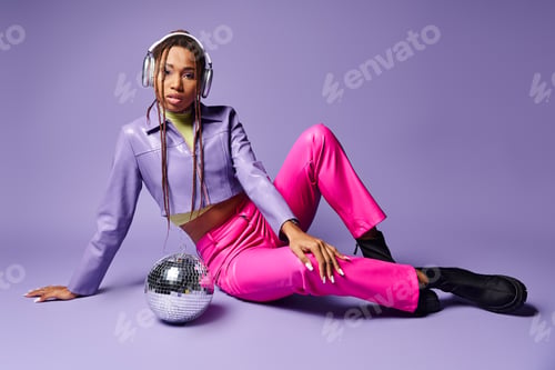 Preview: stylish african american girl in wireless headphones sitting near disco ball on purple backdrop